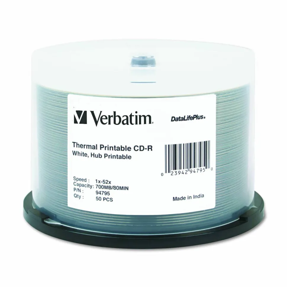 Verbatim CD-R DataLifePlus Printable Recordable Disc, 700 MB/80 min, 52x, Spindle, White, 50/Pack