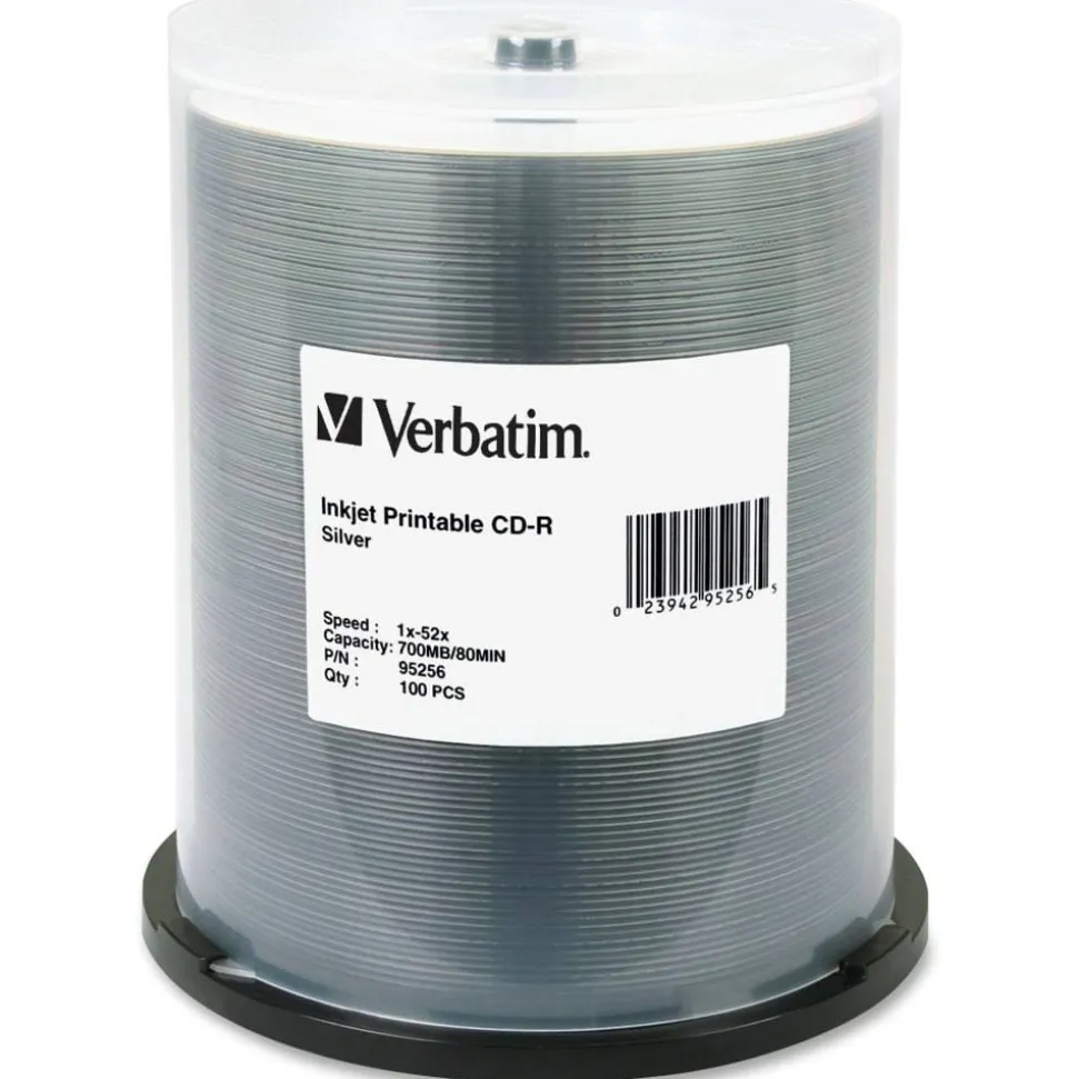 Verbatim CD-R Printable Recordable Disc, 700 MB/80 min, 52x, Spindle, Silver, 100/Pack
