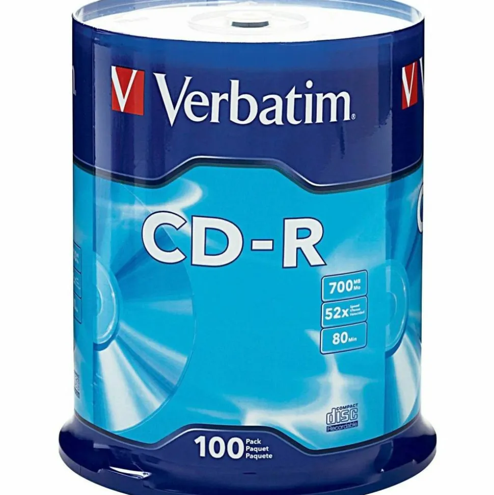 Verbatim CD-R Recordable Disc, 700 MB/80 min, 52x, Spindle, Silver, 100/Pack