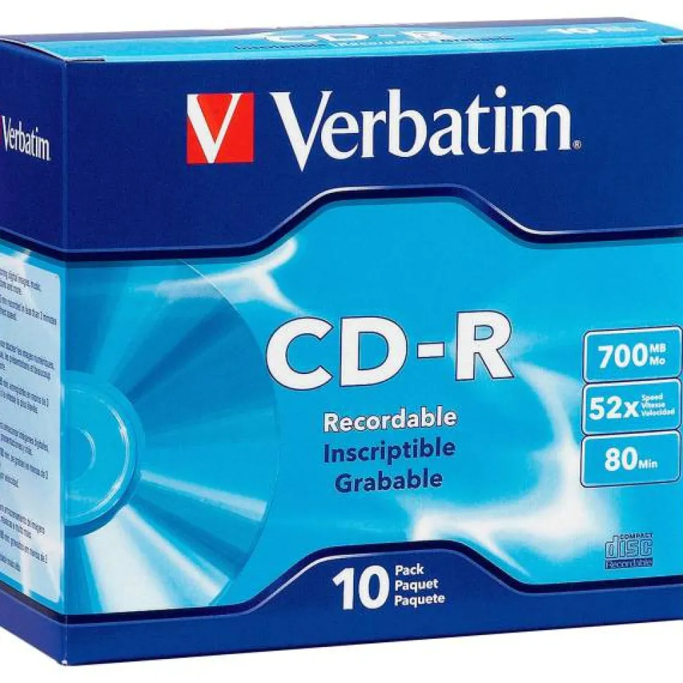 Verbatim CD-R Recordable Disc, 700 MB/80 min, 52x, Slim Jewel Case, Silver, 10/Pack