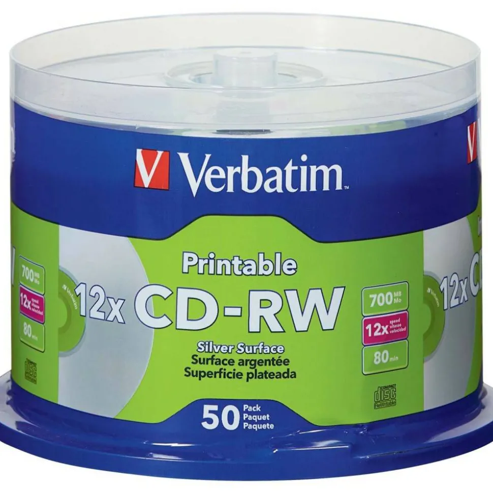 Verbatim CD-RW DataLifePlus Printable Rewritable Disc, 700 MB/80 min, 12x, Spindle, Silver, 50/Pack