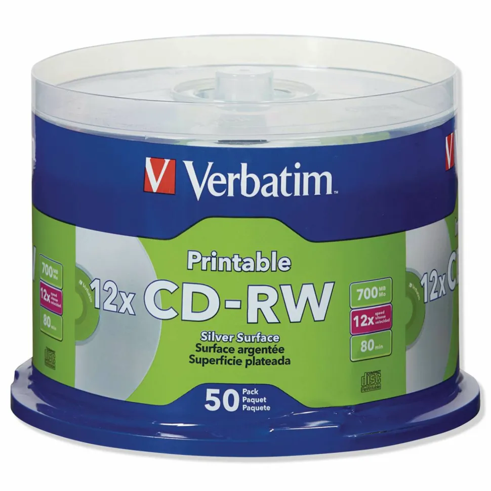 Verbatim CD-RW DataLifePlus Printable Rewritable Disc, 700 MB/80 min, 12x, Spindle, Silver, 50/Pack