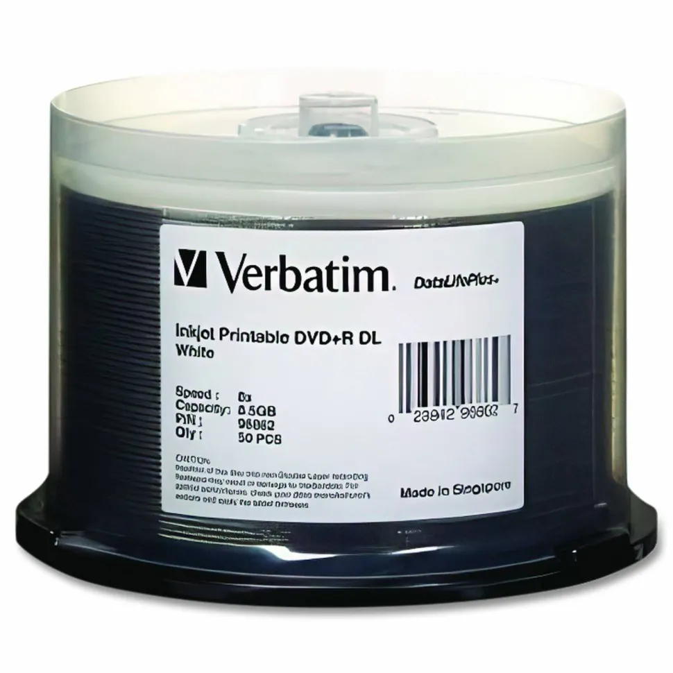 Verbatim DataLifePlus DVD+R Printable Disc Spindle, White, Pack Of 50