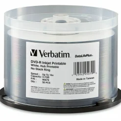 Verbatim DVD-R DataLife Plus Printable Recordable Disc, 4.7 GB,16x, Spindle, White, 50/Pack
