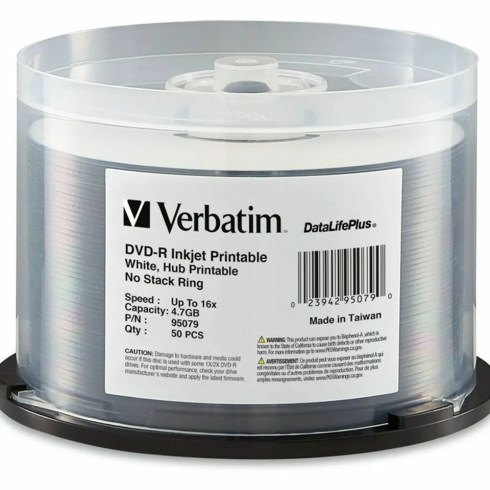 Verbatim DVD-R DataLife Plus Printable Recordable Disc, 4.7 GB,16x, Spindle, White, 50/Pack