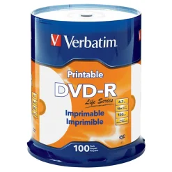 Verbatim DVD-R 4.7GB 16X Life Series White Inkjet Printable, Hub Printable - 100pk Spindle
