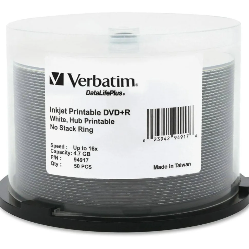 Verbatim DVD+R Recordable Disc, 4.7 GB, 16x, Spindle, Hub Printable, White, 50/Pack