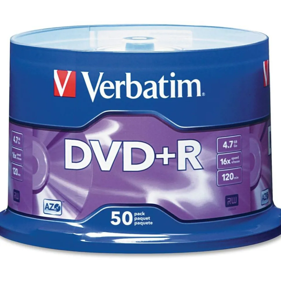 Verbatim DVD+R Recordable Disc, 4.7 GB, 16x, Spindle, Matte Silver, 50/Pack