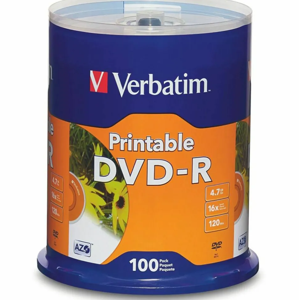 Verbatim Inkjet Printable DVD-R Spindle, White, Pack Of 100