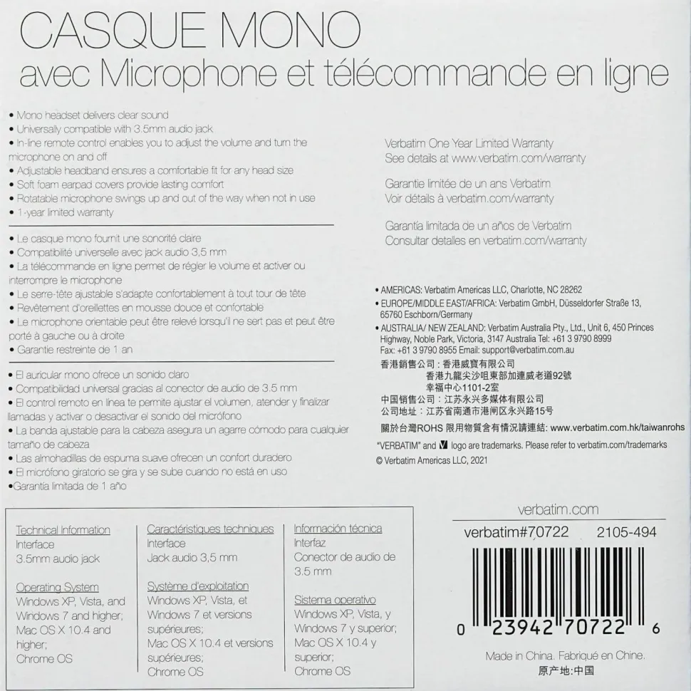 Verbatim Mono Headset with Microphone and In-Line Remote