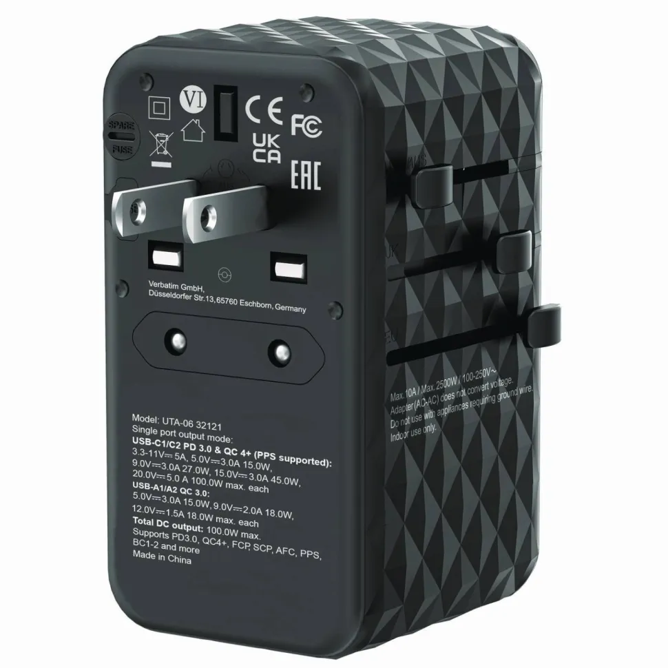 Verbatim UTA-06 Gan III Universal Travel Adapter, (2) USB-A/(2) USB-C/Quick Charge 4+