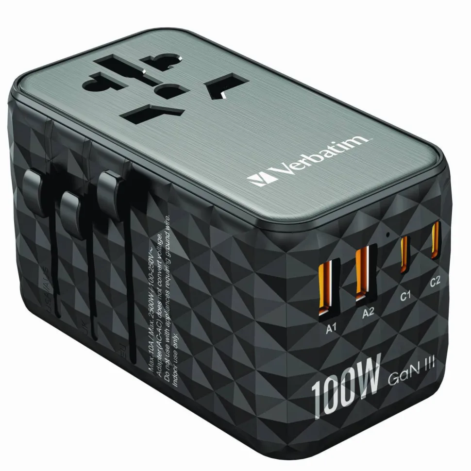 Verbatim UTA-06 Gan III Universal Travel Adapter, (2) USB-A/(2) USB-C/Quick Charge 4+