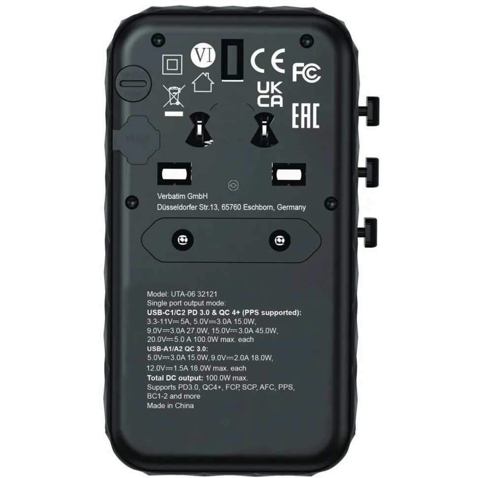Verbatim UTA-06 Gan III Universal Travel Adapter, (2) USB-A/(2) USB-C/Quick Charge 4+