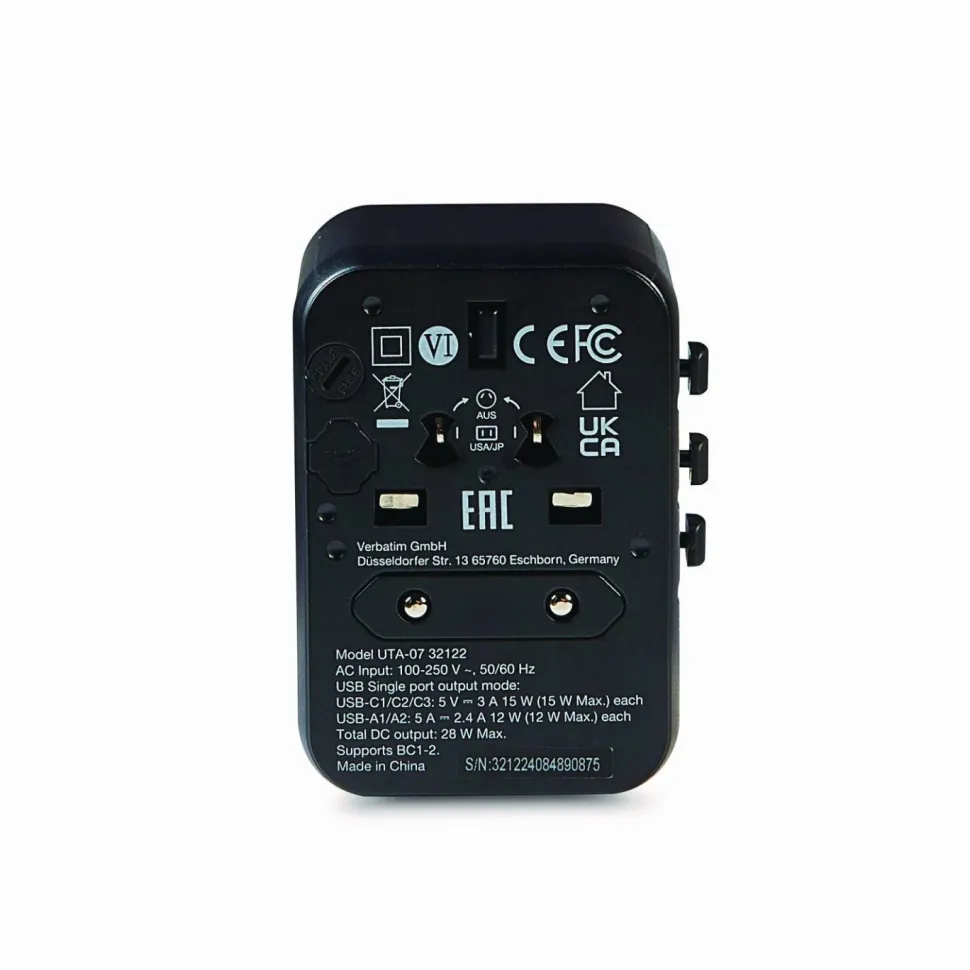 Verbatim UTA-07 Universal Travel Adapter, (3) USB-A, (3) USB-C