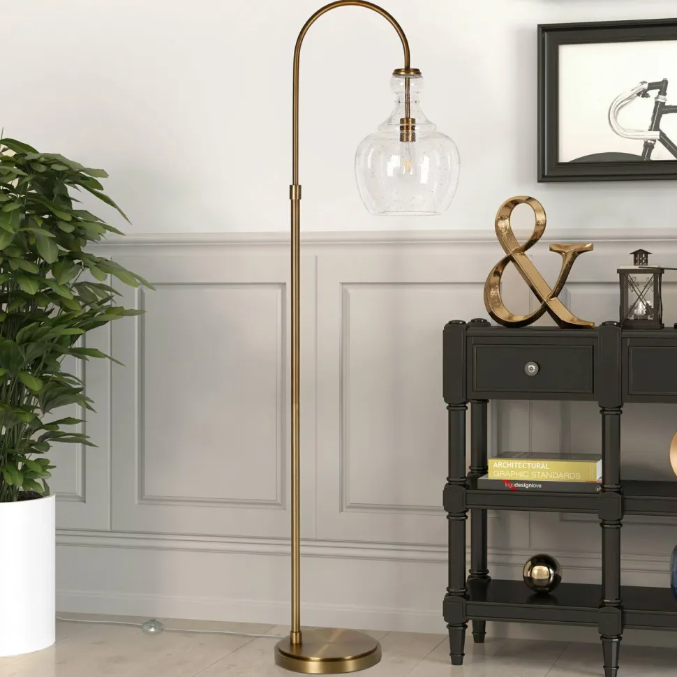 Verona Arc Floor Lamp with Glass Shade in Brass/Seeded