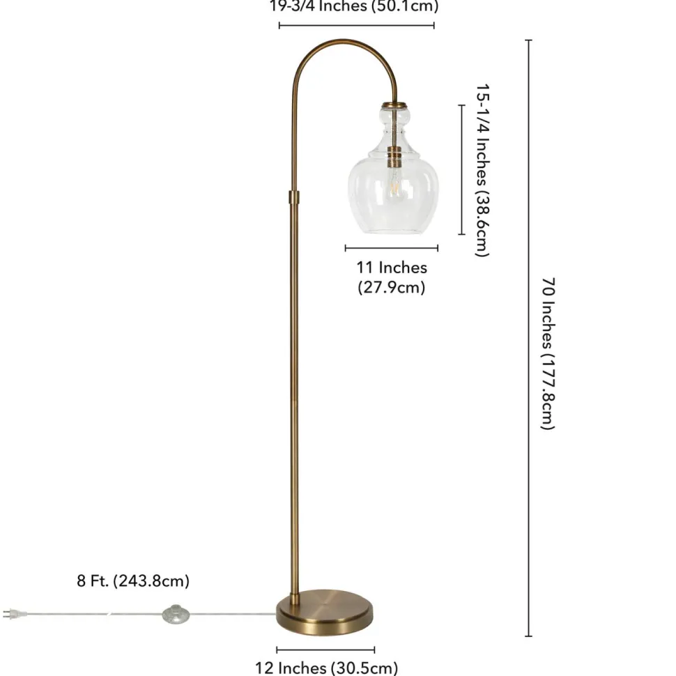 Verona Arc Floor Lamp with Glass Shade in Brass/Seeded