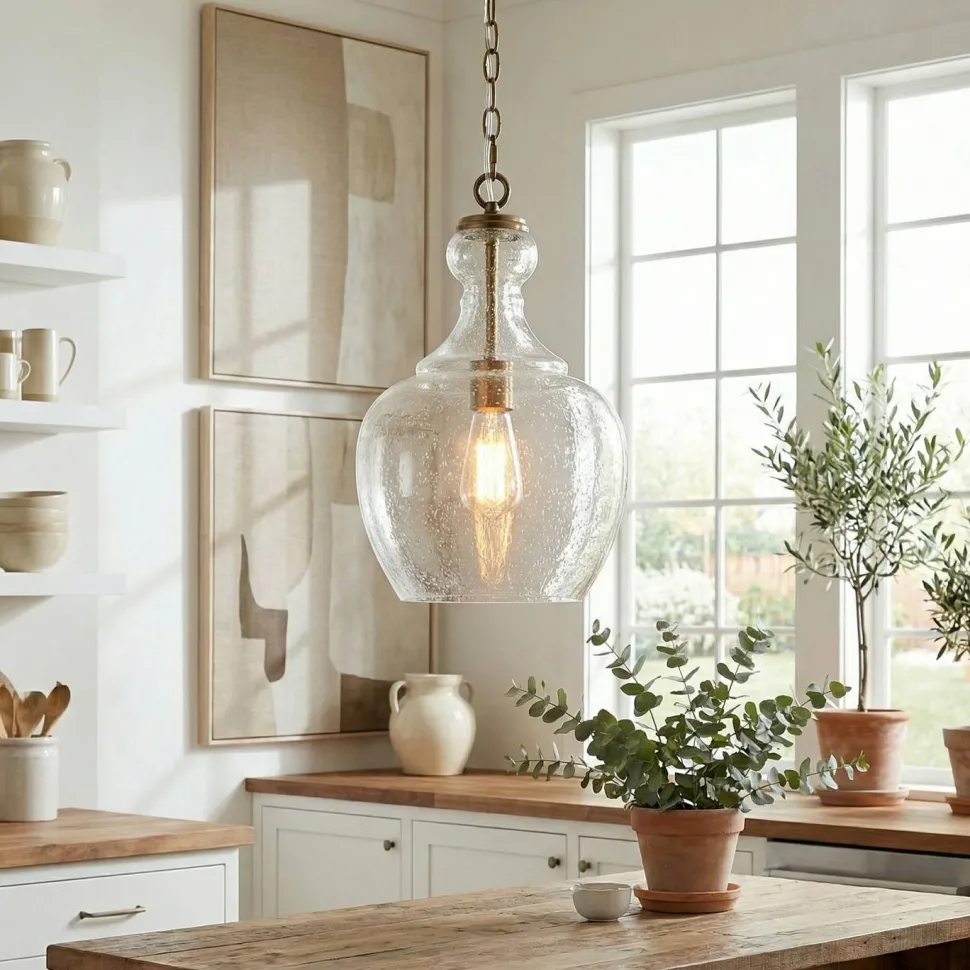 Verona 11" Wide Pendant with Glass Shade in Brass/Seeded