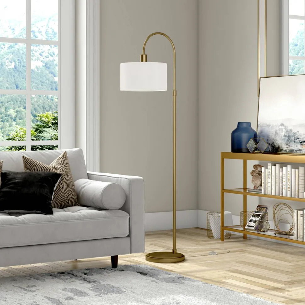 Veronica Arc Floor Lamp with Fabric Shade in Antique Brass/White