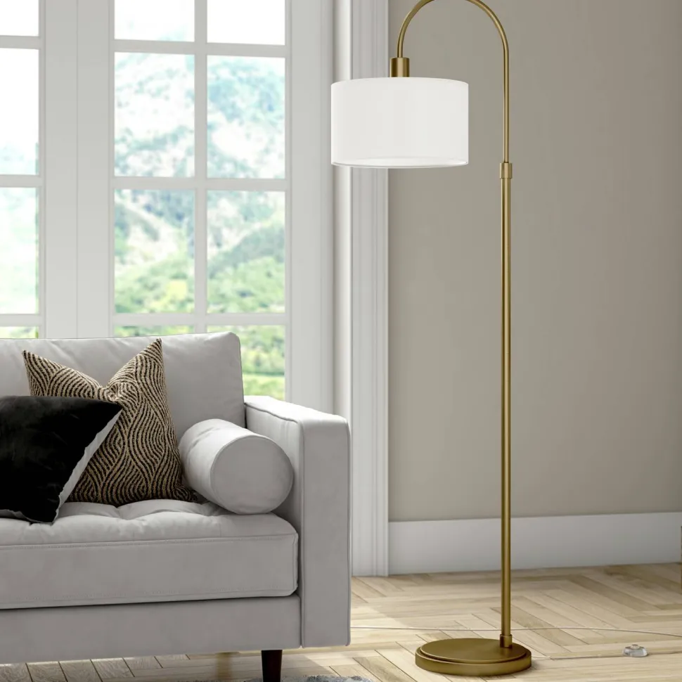 Veronica Arc Floor Lamp with Fabric Shade in Antique Brass/White
