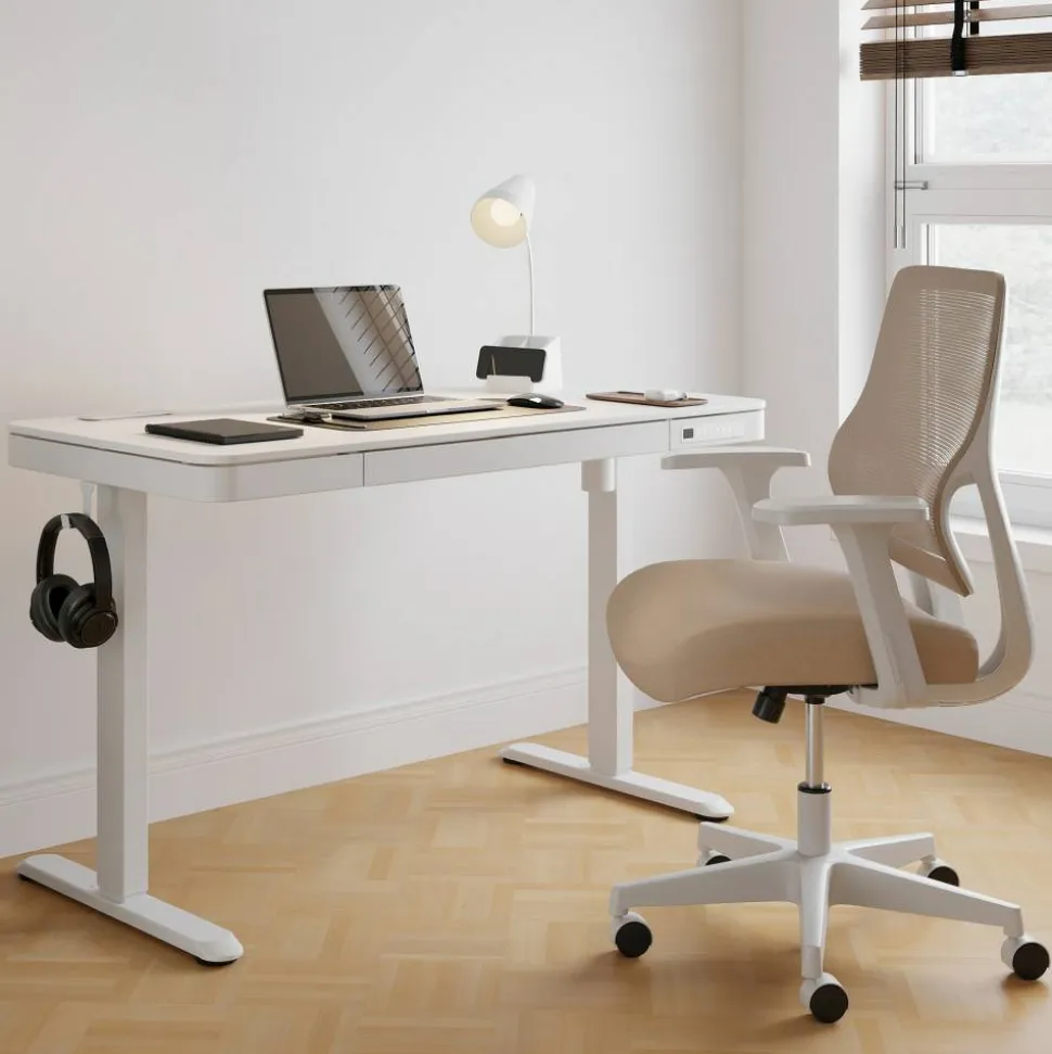 47” Vetra Electric Height-Adjustable Standing Desk, White, BIFMA Compliant