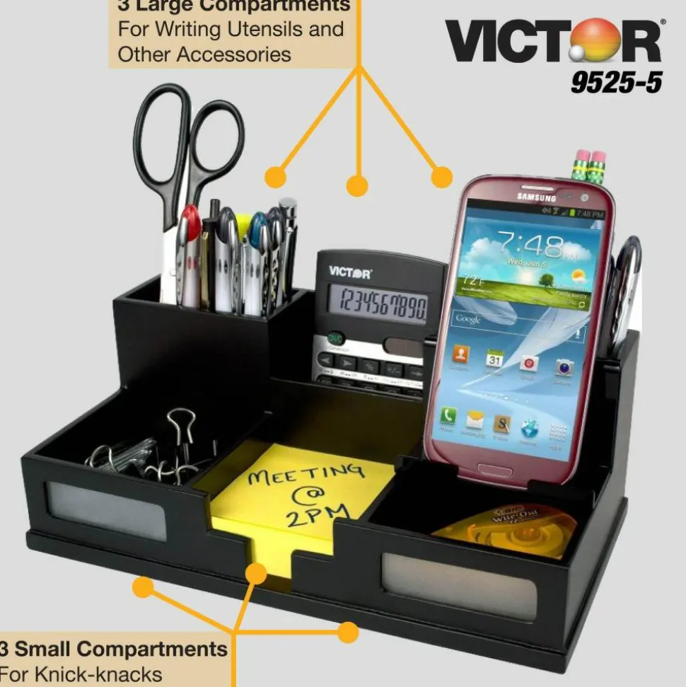 Victor Midnight Black Collection Desk Organizer With Smartphone Holder, 5 1/2"H x 10 1/2"W x 3 1/2"D, Black