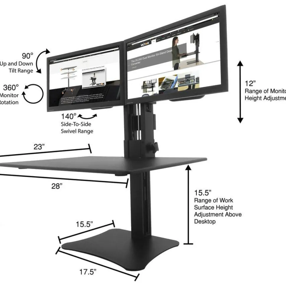 Victor High Rise Dual Monitor Standing Desk Workstation, 28" x 23" x 10.5" to 15.5", Black