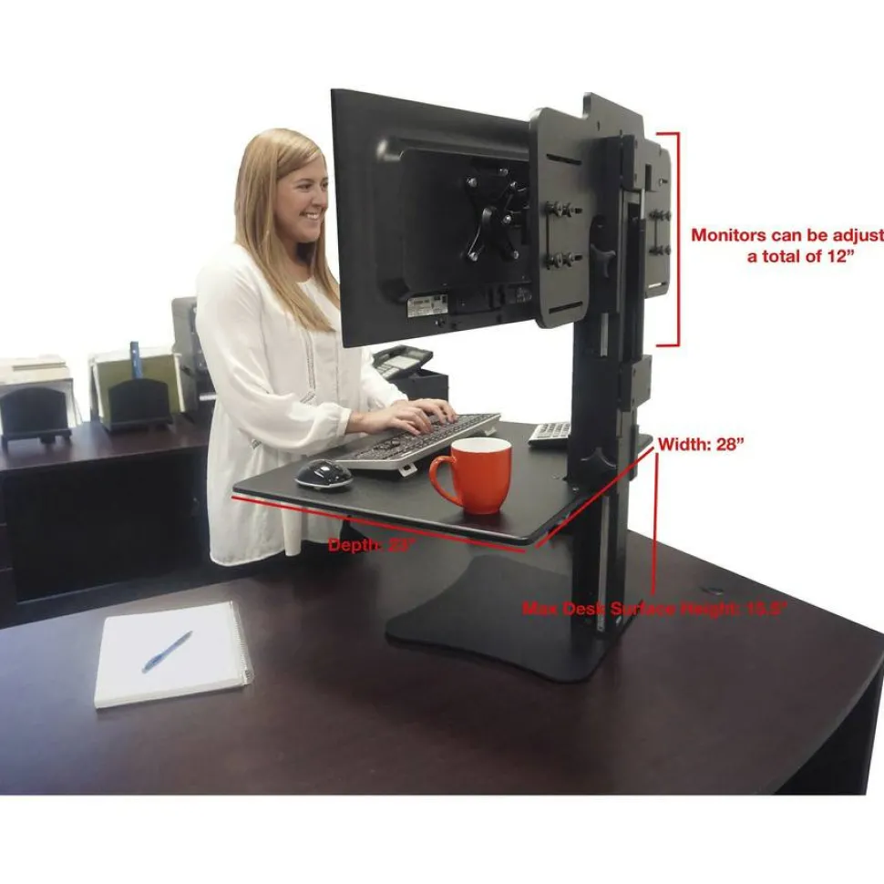 Victor High Rise Dual Monitor Standing Desk Workstation, 28" x 23" x 10.5" to 15.5", Black