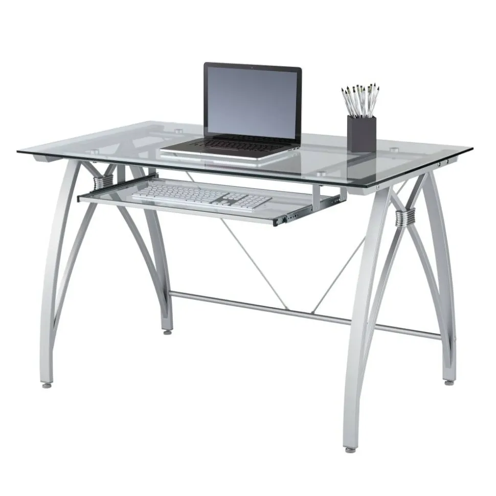 Vista 48"W Glass Computer Desk, Silver