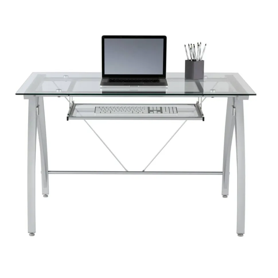 Vista 48"W Glass Computer Desk, Silver