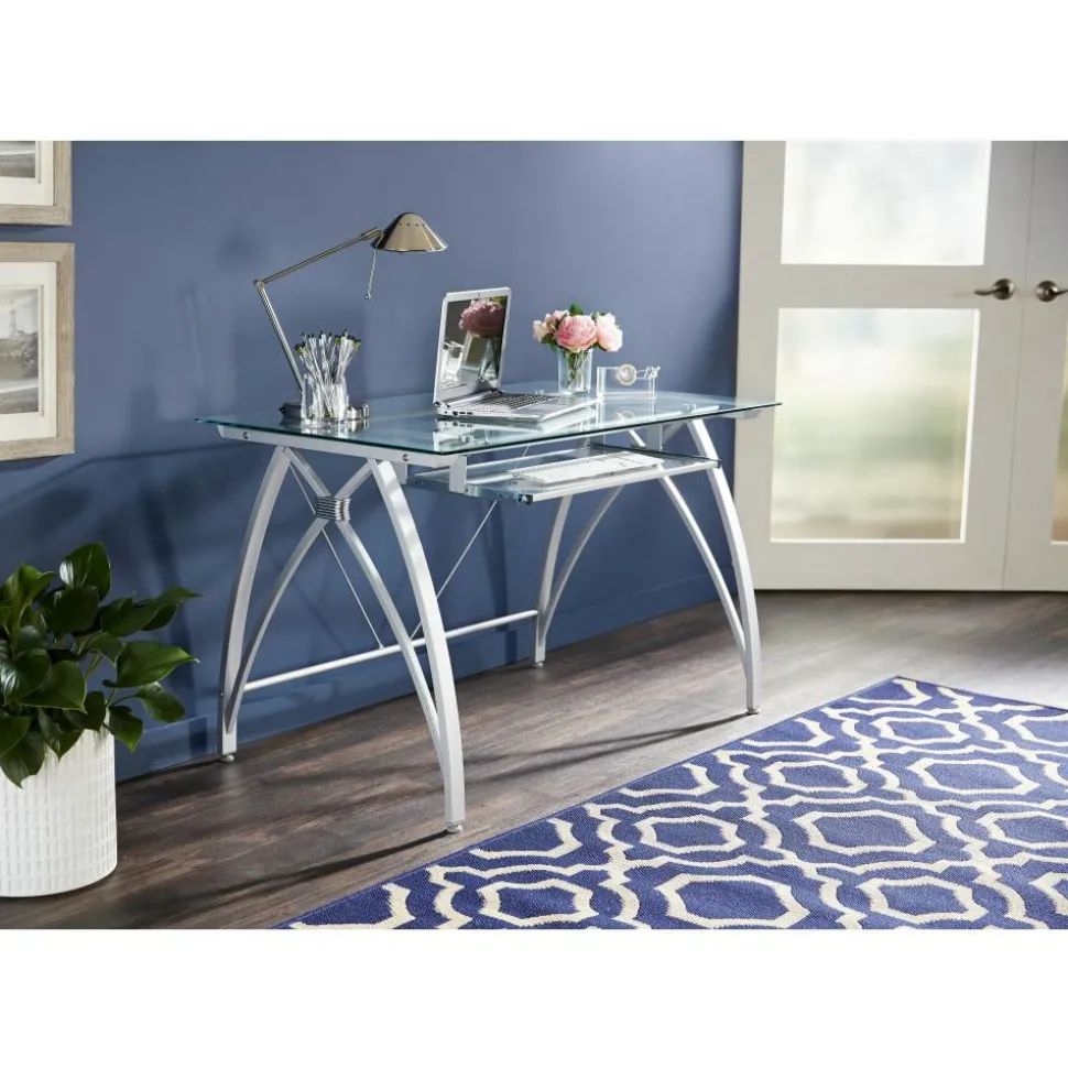 Vista 48"W Glass Computer Desk, Silver
