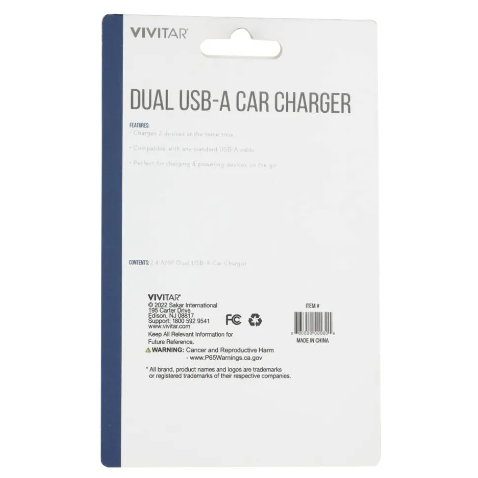 Vivitar Dual USB-A Car Charger, Black, NIL6001-BLK-STK-24