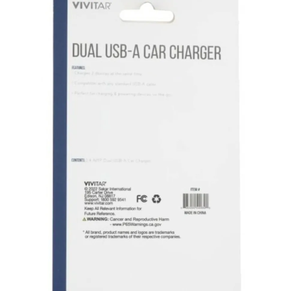 Vivitar Dual USB-A Car Charger, Black, NIL6001-BLK-STK-24