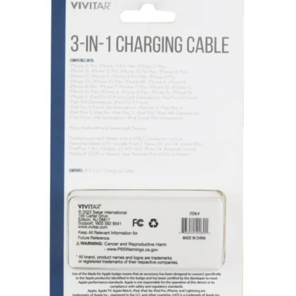Vivitar 3-in-1 Charging Cable, 3', Black, NIL2001-BLK-STK-24
