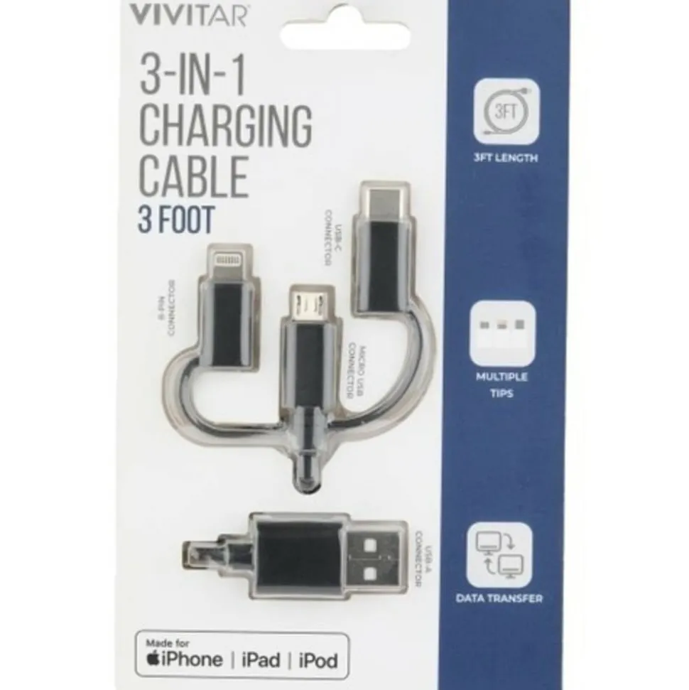 Vivitar 3-in-1 Charging Cable, 3', Black, NIL2001-BLK-STK-24