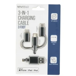 Vivitar 3-in-1 Charging Cable, 3', Black, NIL2001-BLK-STK-24