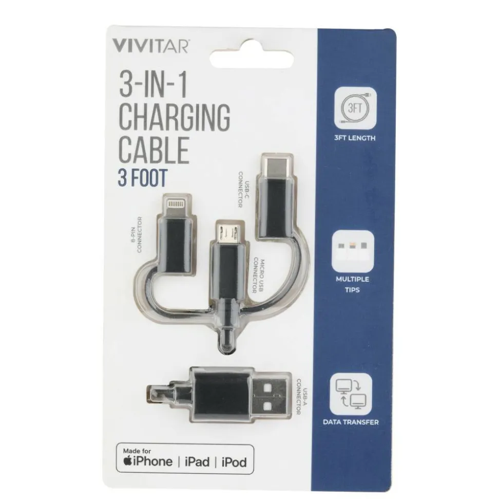 Vivitar 3-in-1 Charging Cable, 3', Black, NIL2001-BLK-STK-24