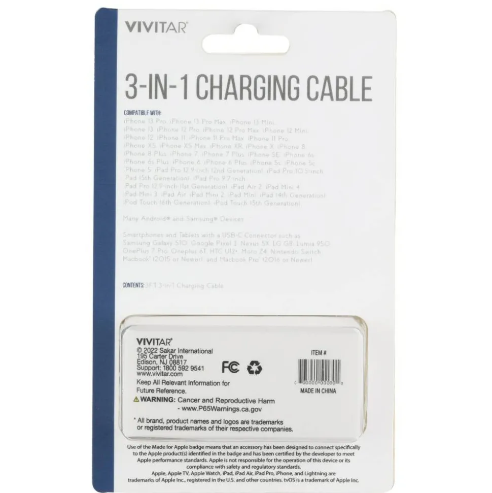 Vivitar 3-in-1 Charging Cable, 3', Black, NIL2001-BLK-STK-24