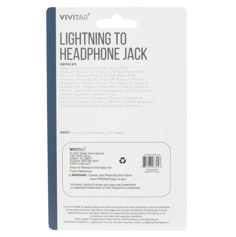 Vivitar Lightning To Headphone Jack Adapter, Black, NIL2002-BLK-STK-24