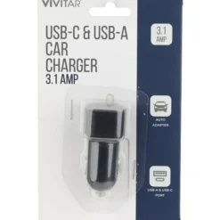 Vivitar USB-C And USB-A Car Charger, Black, NIL6003-BLK-STK-24