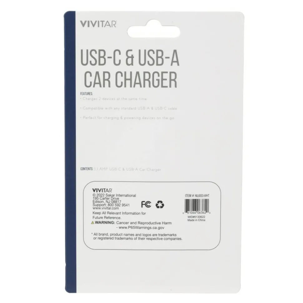 Vivitar USB-C And USB-A Car Charger, White, NIL6003-WHT-STK-24