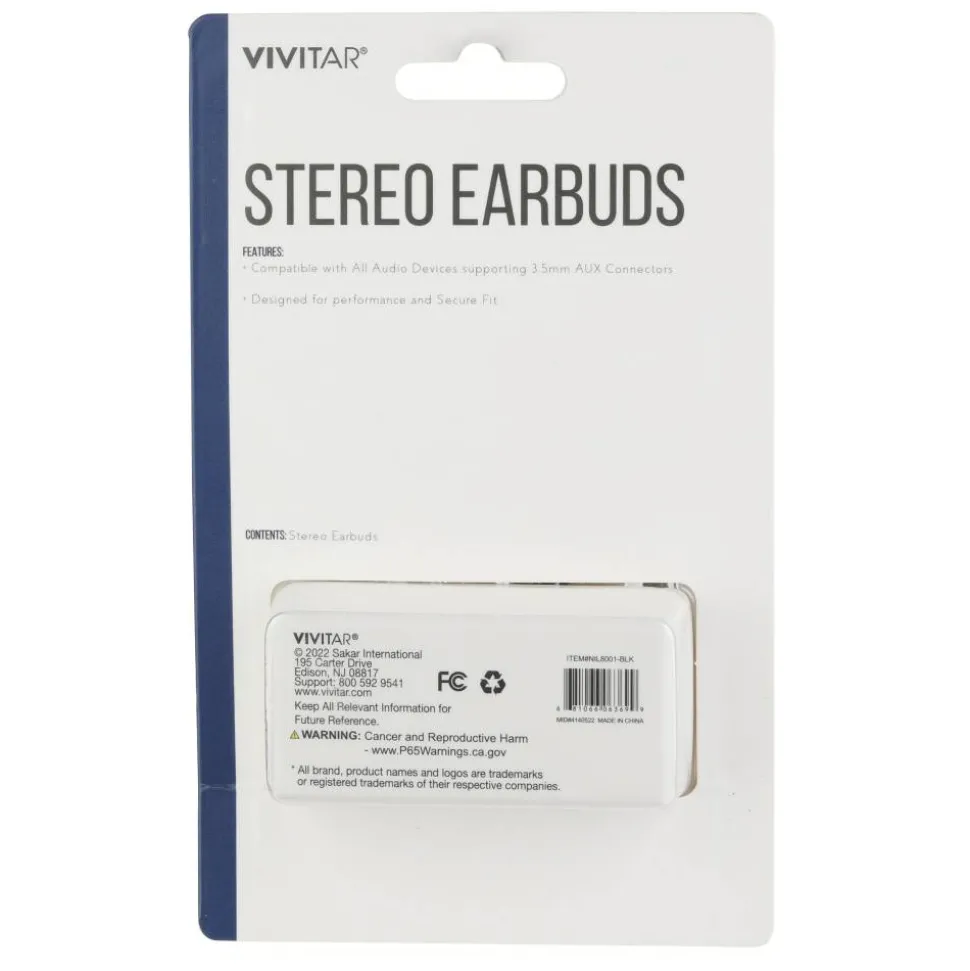 Vivitar Wired Stereo Earbuds, Black, NIL8001