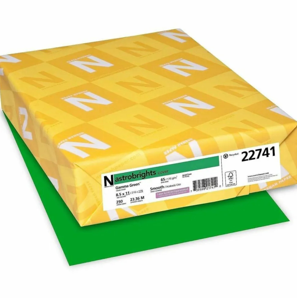 Wausau Astrobrights Multi-Use Card Stock, Gamma Green, Letter (8.5" x 11"), 65 Lb, 30% Recycled, Pack Of 250