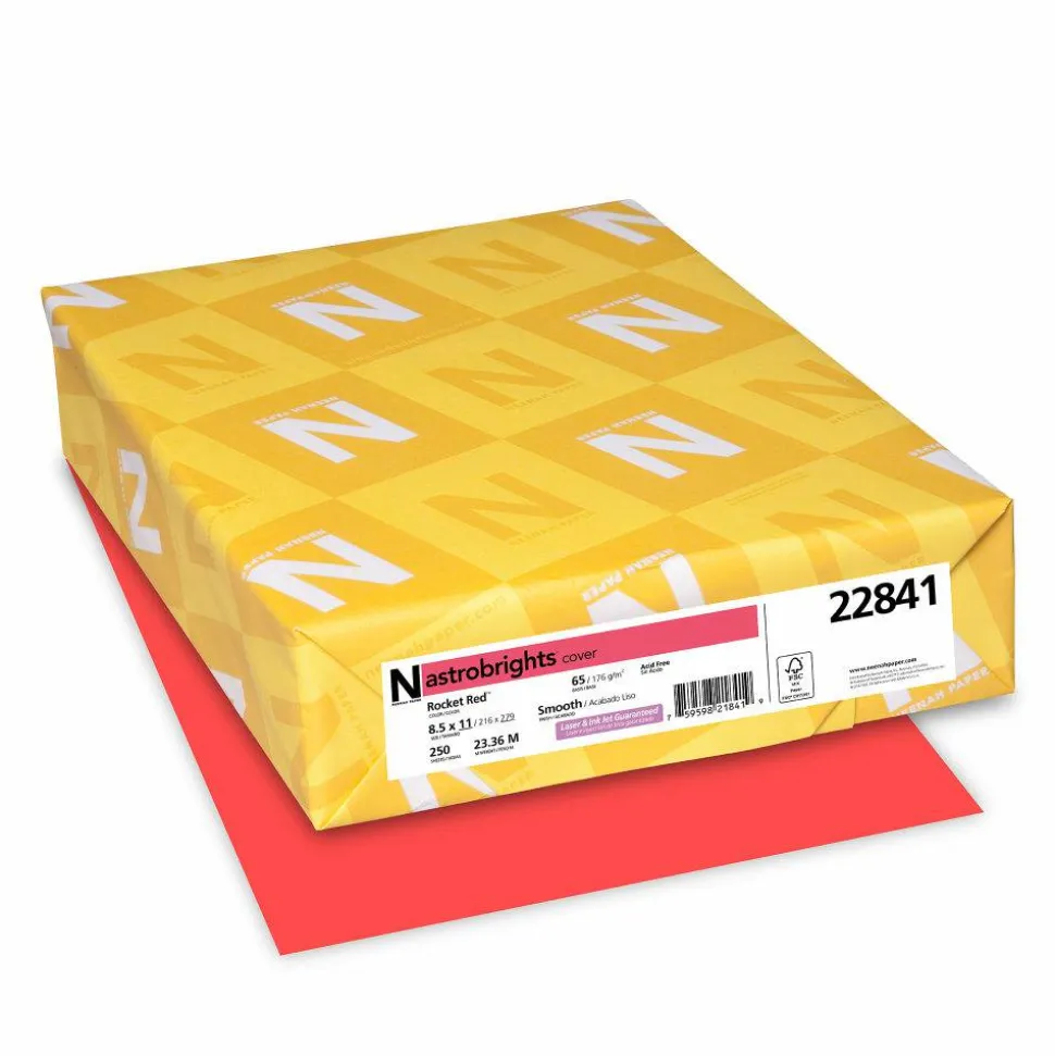 Wausau Astrobrights Multi-Use Card Stock, Rocket Red, Letter (8.5" x 11"), 65 Lb, Pack Of 250