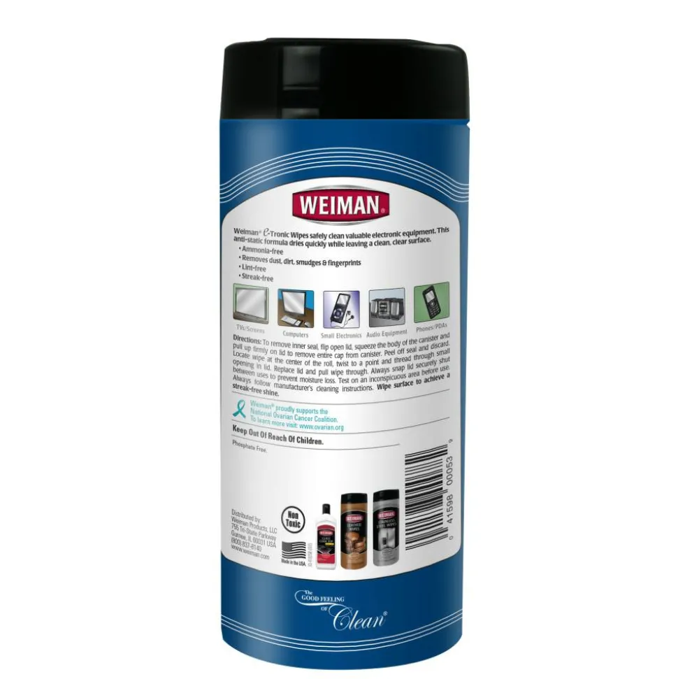 WEIMAN E-tronic Wipes, 1-Ply, 7 x 8, White, 30/Canister