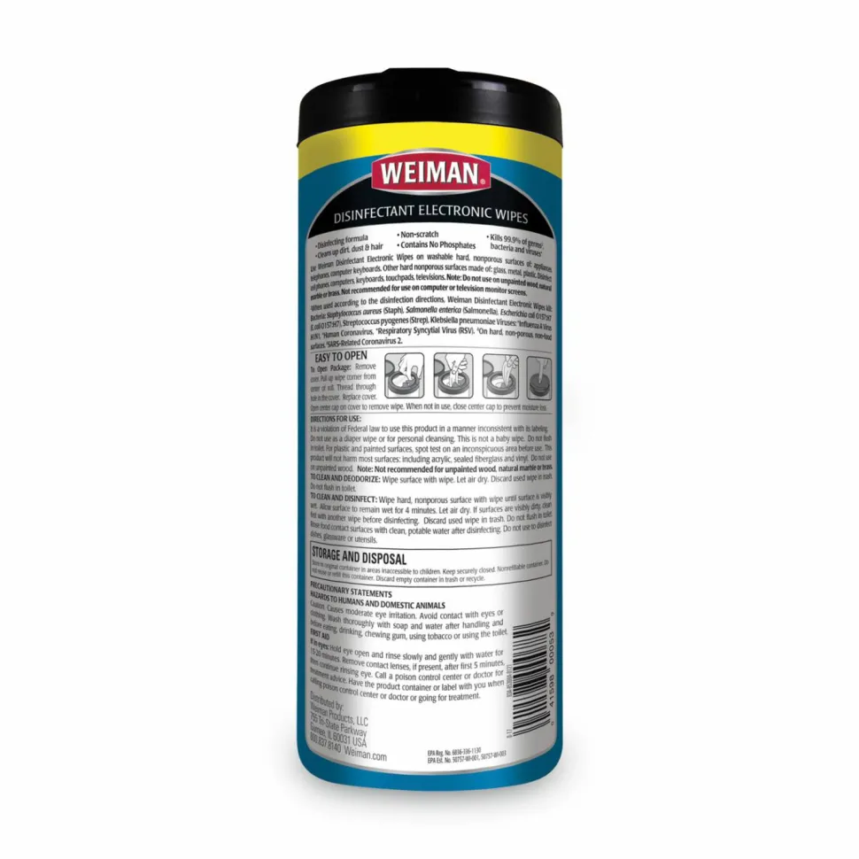 WEIMAN E-tronic Wipes, 1-Ply, 7 x 8, White, 30/Canister, 4 Canisters/Carton