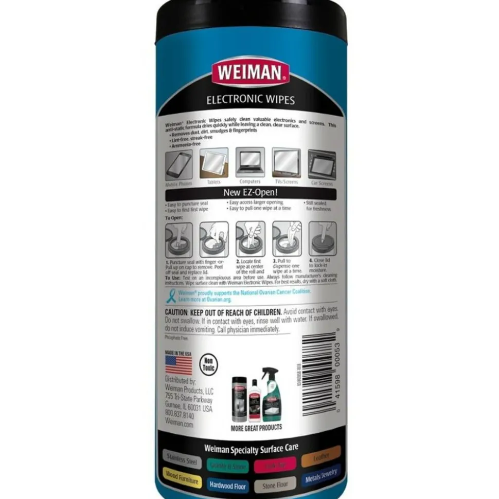 WEIMAN E-tronic Wipes, 1-Ply, 7 x 8, White, 30/Canister, 4 Canisters/Carton