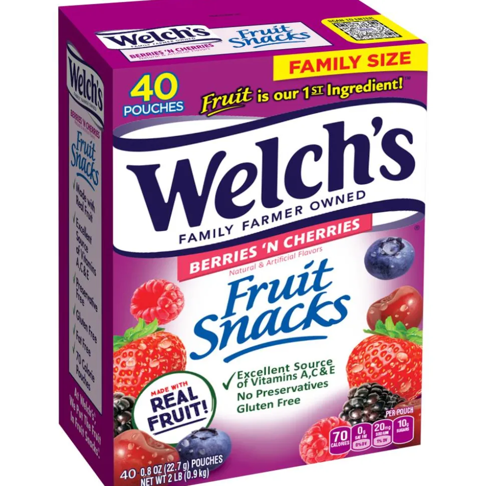 Welch's Fruit Snacks, Berries 'N Cherries, 0.8 Oz, Box Of 40 Packages