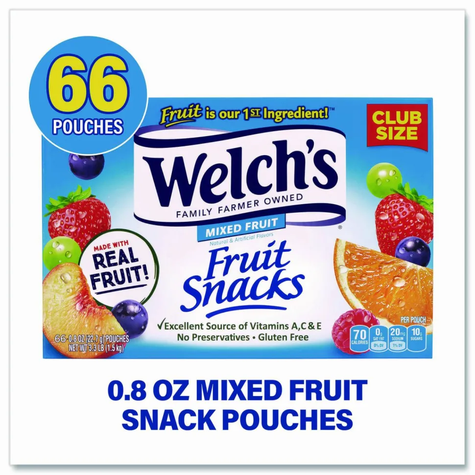 Welch's Fruit Snacks, Mixed Fruit, 0.8 oz Pouch, 66 Pouches/Box
