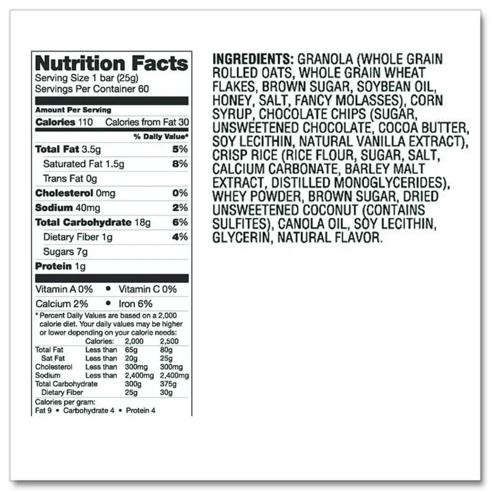 Wellsley Farms Chewy Chocolate Chip Granola Bars, 0.88 oz Bar, 60 Bars/Box