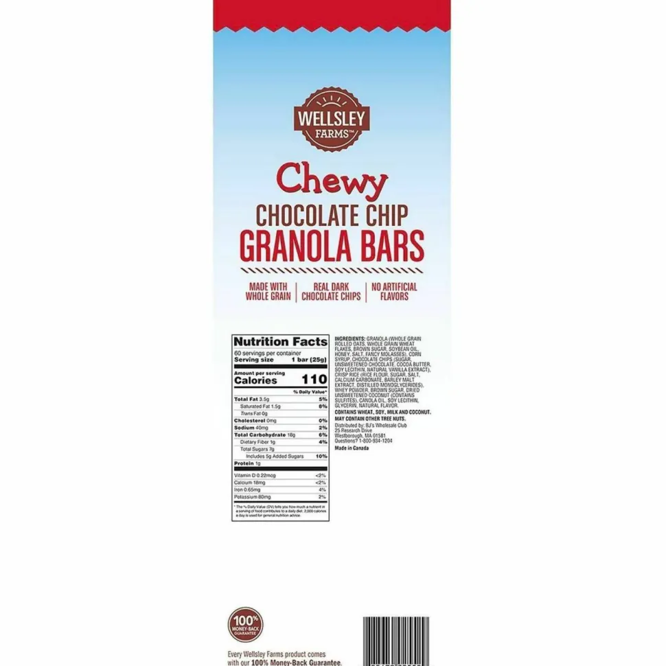 Wellsley Farms Chewy Chocolate Chip Granola Bars, 0.88 oz Bar, 60 Bars/Box